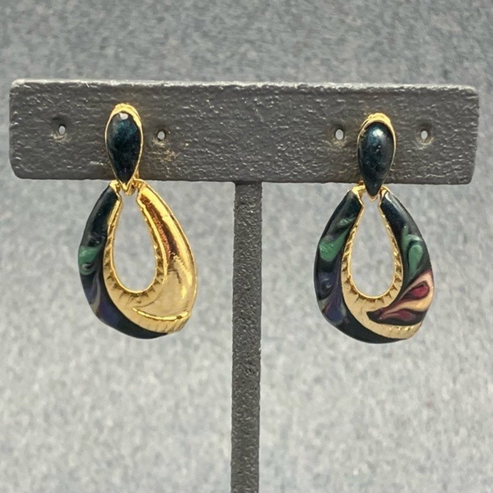 Clip On Earrings As Is Teardrop Hoop Gold Green Red Cream Enamel Swirl USA